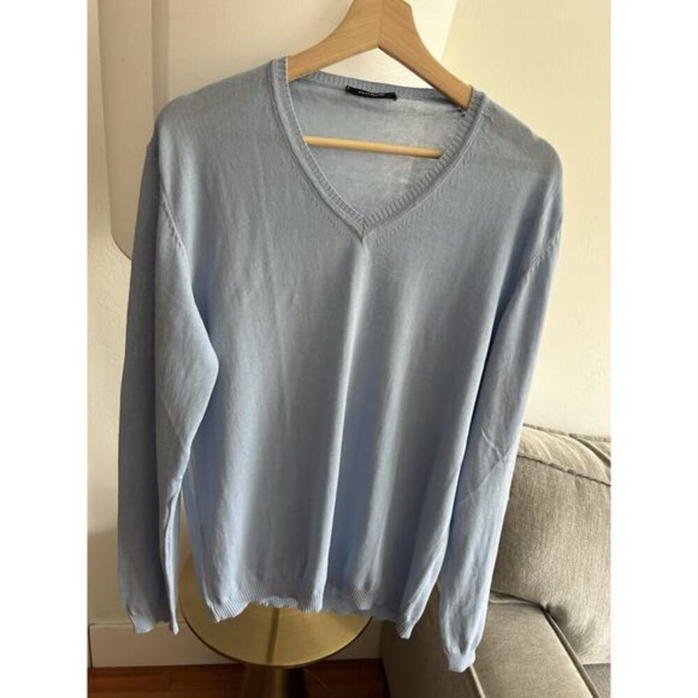 Knit Blue V Neck Sweater L Made in Italy Preppy Old Money Fine Knit Cotton